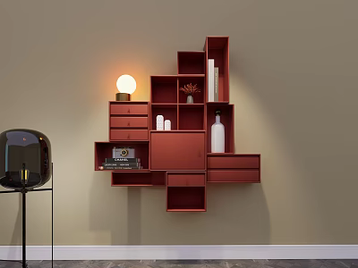 Red Modular Wall Cabinets with Compartments Drawers on Beige Wall Decorative Vases Books and Lamp 3d model