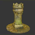 Vintage Ornamental Tower Structure With Rusted Surface Green Moss And Colorful Gravel Base