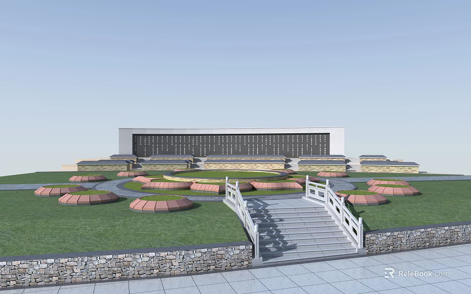 Modern Building Exterior With White Rail Stairs Lawn And Circular Flower Beds 3d model 