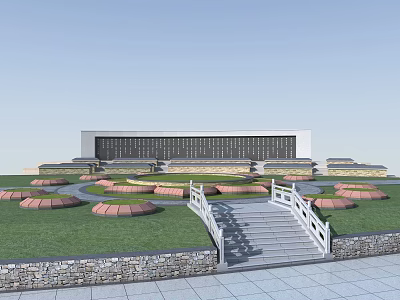 Modern Building Exterior With White Rail Stairs Lawn And Circular Flower Beds 3d model