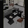 Modern Sleek Black Home Office Desk And Brown Leather Chair Set For Comfortable Daily Work
