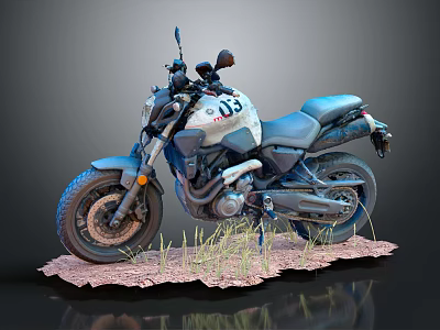 White and Blue Motorcycle with Number 03 Parked on Sandy Ground with Grass 3d model