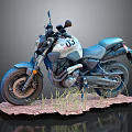 White and Blue Motorcycle with Number 03 Parked on Sandy Ground with Grass