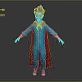 Game Movie Character With Blue Hair Blue Jumpsuit Red Cape And White Shoes