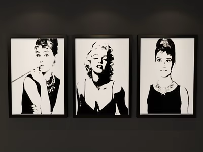 Three Black and White Female Portrait Paintings in Black Frames Hanging on Dark Wall 3d model