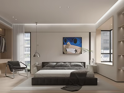 Modern Minimalist Bedroom Interior With Large Bed Gray Bedding Blue Artwork Plant And Windows 3d model