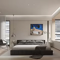 Modern Minimalist Bedroom Interior With Large Bed Gray Bedding Blue Artwork Plant And Windows