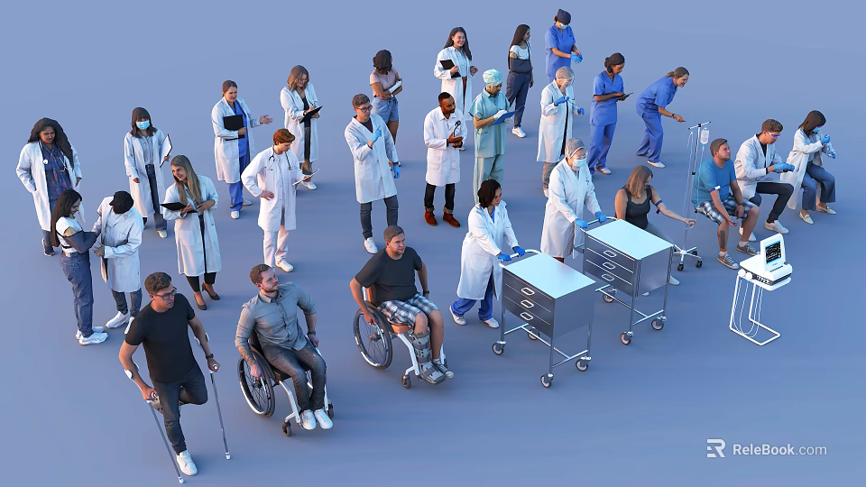 Healthcare Workers and Patients with Wheelchairs Crutches and Medical Carts in Clinical Environment 3d model 