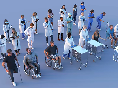 Healthcare Workers and Patients with Wheelchairs Crutches and Medical Carts in Clinical Environment 3d model