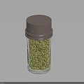 Glass jar with gray lid filled with green food spices on light blue background