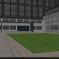 Modern Multi Story Office Building With Glass Curtain Walls And Parking Area