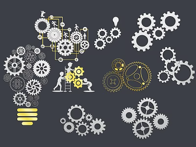 Mechanical Gear Wall Decor With Interconnected Gears People Figures And Light Bulb Elements 3d model