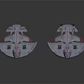 Red And Gray Symmetrical Spacecraft Design With Bottom Engines And Surface Details