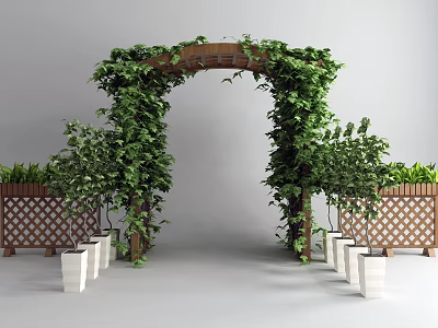 Green Vine Covered Wooden Archway With Lattice Planters And White Flower Pots 3d model