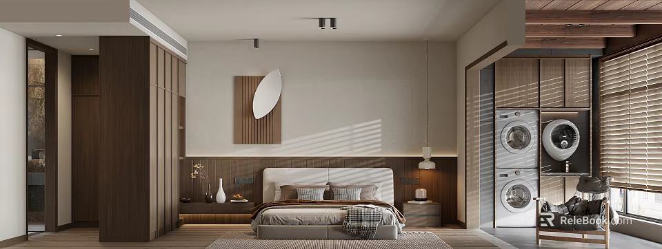 Modern Bedroom Interior Design With Platform Bed Wooden Nightstands Round Wall Art And Pendant Light 3d model 