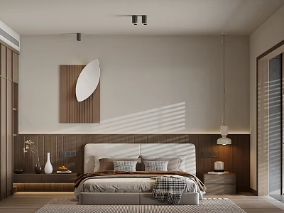 Modern Bedroom Interior Design With Platform Bed Wooden Nightstands Round Wall Art And Pendant Light 3d model