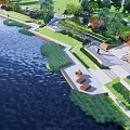 Scenic Park Landscape Along Waterfront With Boats Pathway Lawns Trees And Benches
