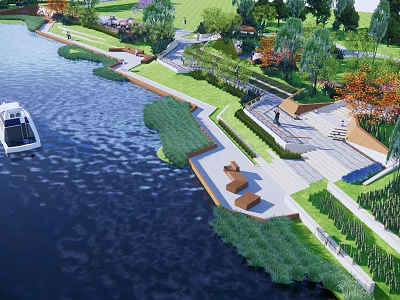 Scenic Park Landscape Along Waterfront With Boats Pathway Lawns Trees And Benches 3d model