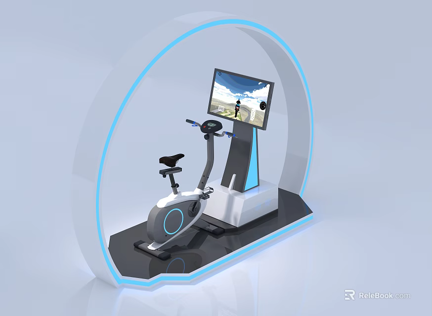Modern Arched Fitness Equipment With Exercise Bike Scenic Screen And Blue Lighting 3d model 