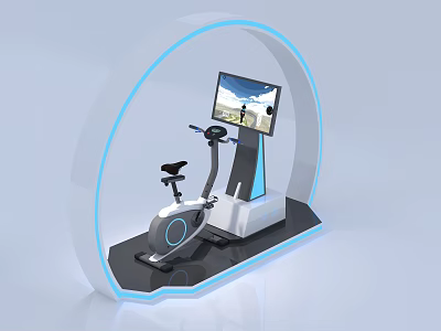 Modern Arched Fitness Equipment With Exercise Bike Scenic Screen And Blue Lighting 3d model