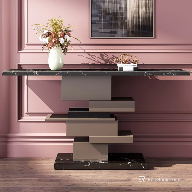 Elegant Console Table With Black Marble Top Layered Base And Decorative Vase On Pink Wall 3d model 