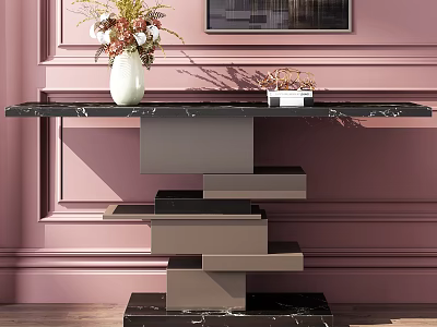 Elegant Console Table With Black Marble Top Layered Base And Decorative Vase On Pink Wall 3d model