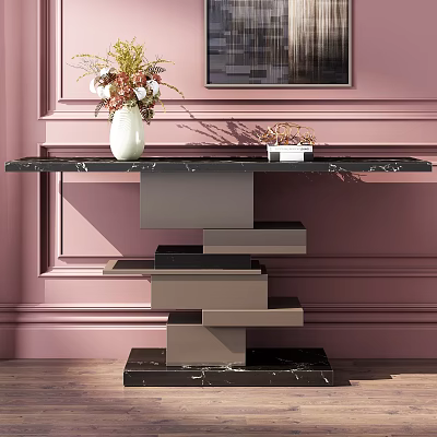 Elegant Console Table With Black Marble Top Layered Base And Decorative Vase On Pink Wall 3d model