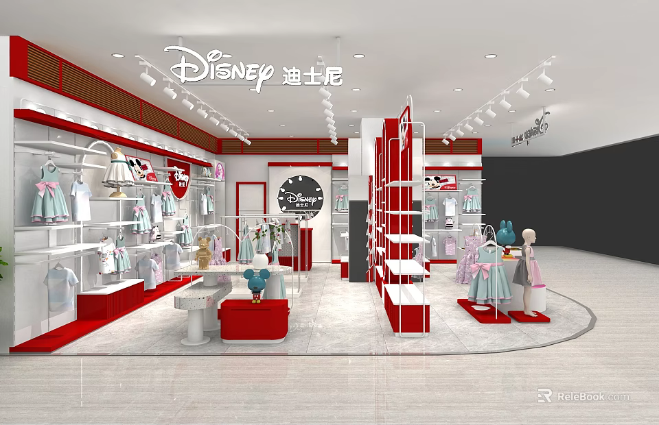 Disney Themed Clothing Store with Hanging Clothes Mannequins and Red White Decor 3d model 