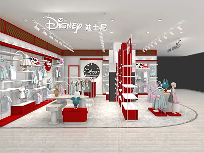 Disney Themed Clothing Store with Hanging Clothes Mannequins and Red White Decor 3d model