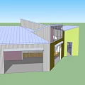 Modern Residential Building 3D Model With Yellow Walls Large Glass Windows Sloped Roof And Skylight