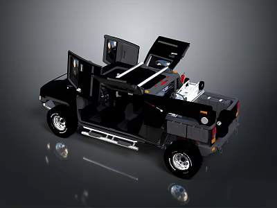 Black Off Road Vehicle with Open Doors and Hood Detailed Exterior View 3d model