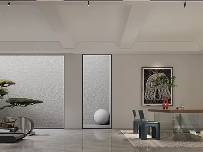 Minimalist Lounge Room With Bonsai Art And Modern Furniture 3d model