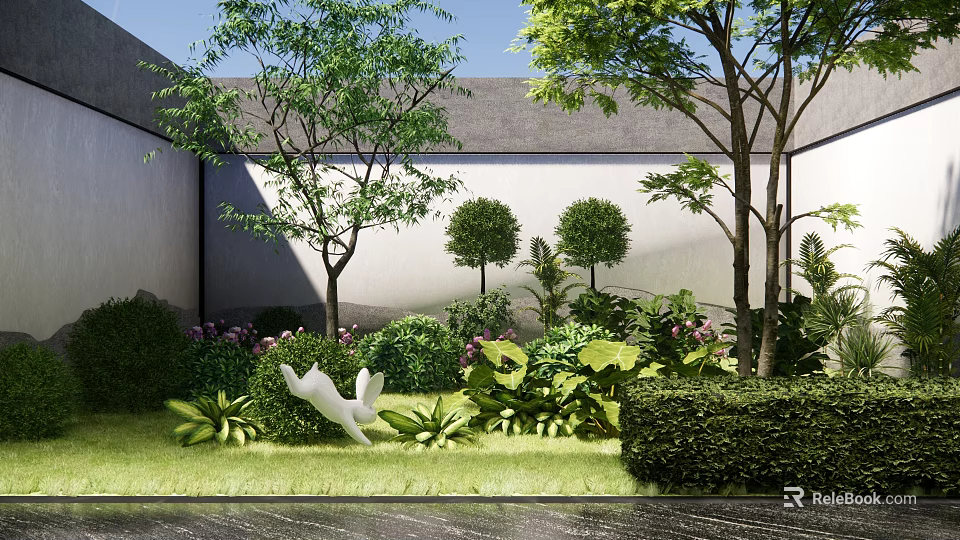 Courtyard Garden Design With Lush Greenery Trimmed Shrubs Flowering Plants And Decorative Sculpture 3d model 
