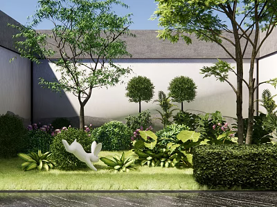 Courtyard Garden Design With Lush Greenery Trimmed Shrubs Flowering Plants And Decorative Sculpture 3d model