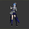 Blue Haired Character In Plaid Outfit With Bow Holding Small Animal Toy Against Gray Backdrop