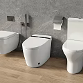 Modern Toilets Against Gray Wall With Wooden Floor And Toilet Paper Holder Fixtures