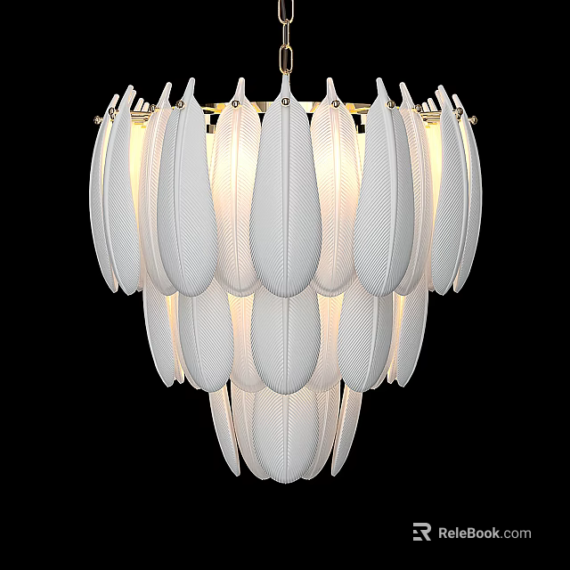 Elegant Modern Chandelier With White Feather Shaped Design Gold Frame And Soft Lighting 3d model 