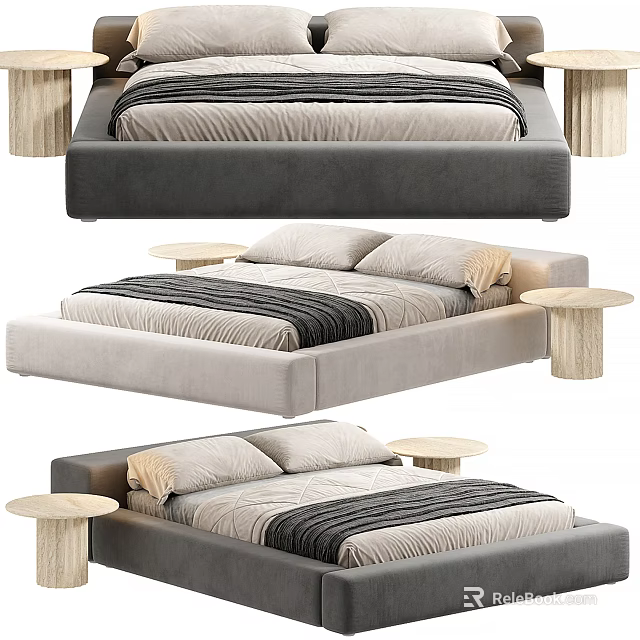 Minimalist Modern Double Bed Featuring Upholstered Frame Comfortable Mattress and Wooden Side Tables 3d model 