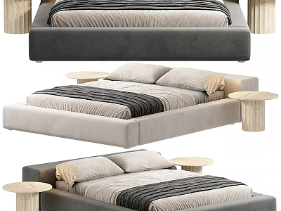 Minimalist Modern Double Bed Featuring Upholstered Frame Comfortable Mattress and Wooden Side Tables 3d model