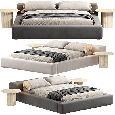 Minimalist Modern Double Bed Featuring Upholstered Frame Comfortable Mattress and Wooden Side Tables 3d model