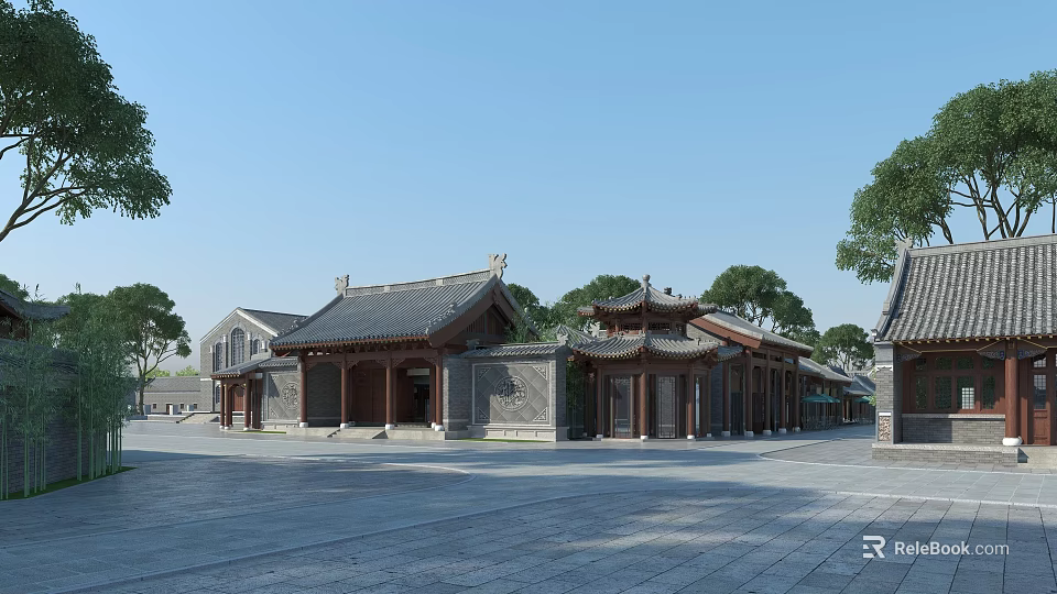 Traditional Ancient Chinese Architecture With Courtyard Wooden Columns Gray Walls And Traditional Roof 3d model 