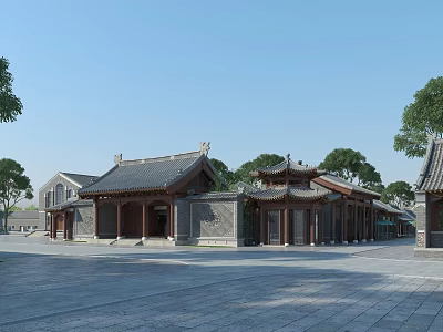 Traditional Ancient Chinese Architecture With Courtyard Wooden Columns Gray Walls And Traditional Roof 3d model