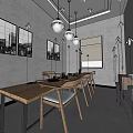 Public Office Space Featuring Wooden Long Table Chairs Black White Paintings Gray Walls Pendant Lights