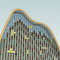 Modern Curved Office Building With Glass Curtain Wall And Yellow Brown Windows