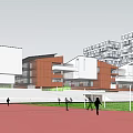 School Campus Buildings with Red Brick White Exteriors Sports Field Green Lawn and Running Track