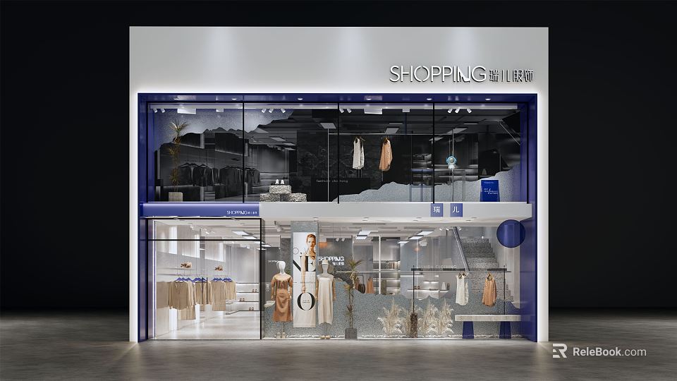 Modern Clothing Store Front With Glass Display Windows And Fashion Mannequins 3d model 