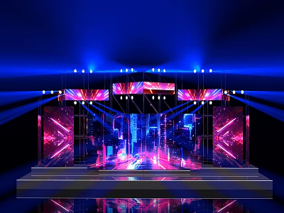 Modern Stage Design With Colorful LED Lights Large Screens Mirror Floor And Steps 3d model