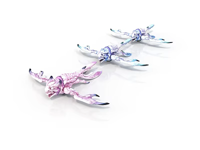 Three Colorful Dragon Figurines With Pink Blue Light Purple Hues And Transparent Wings 3d model