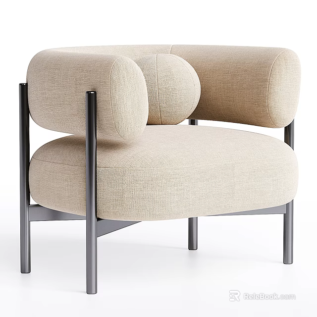 Beige Modern Minimalist Single Sofa with Fabric Upholstery Round Armrest and Metal Frame 3d model 