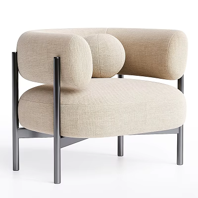 Beige Modern Minimalist Single Sofa with Fabric Upholstery Round Armrest and Metal Frame 3d model